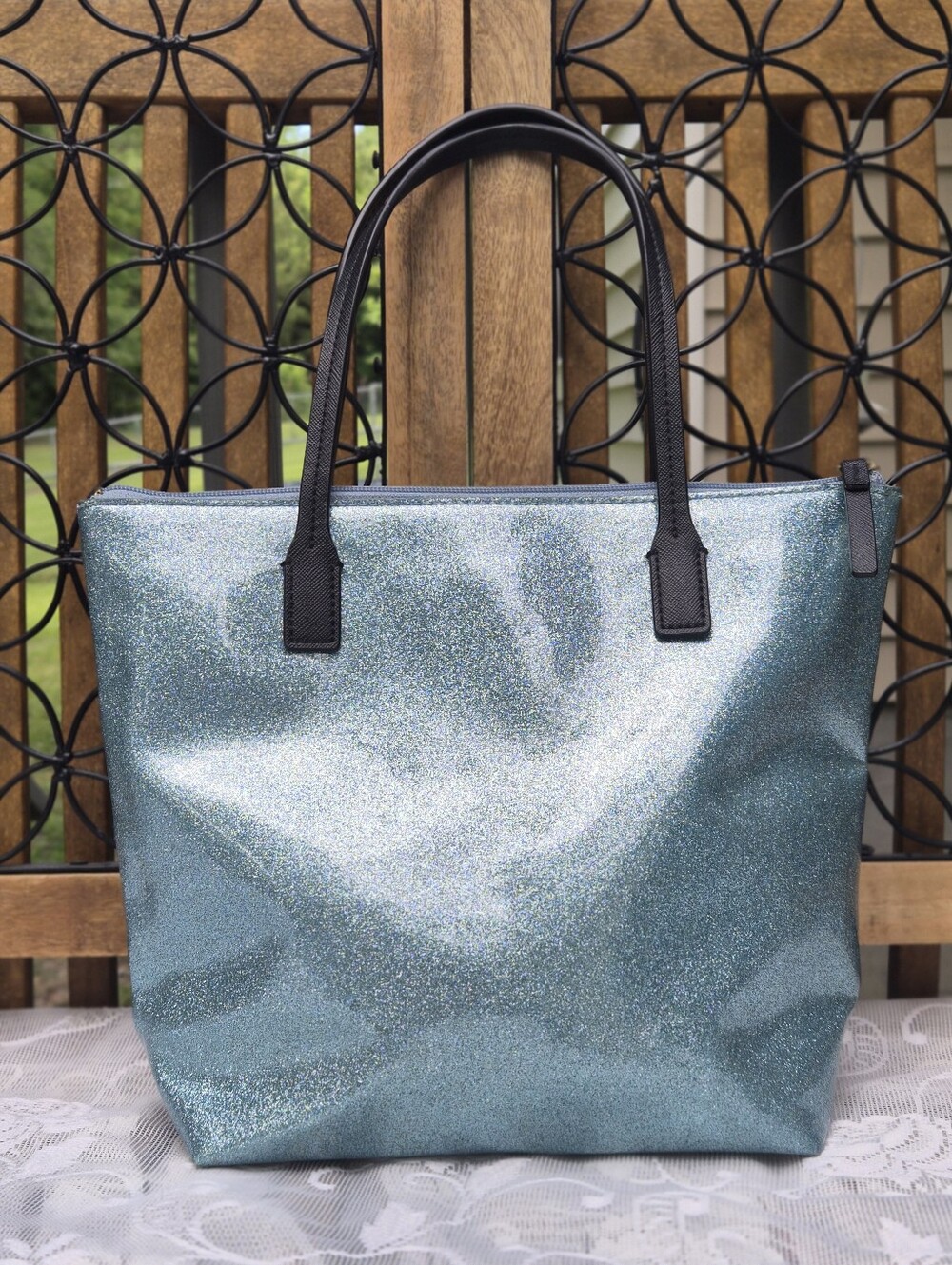 kate spade teal glitter tote with black handles - Picture 2 of 6